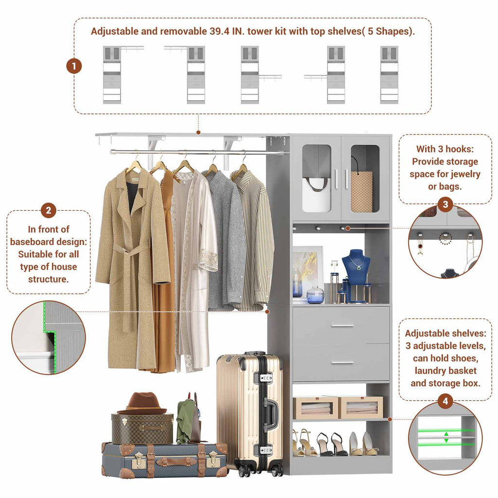 80" Tall x 60" Wide Closet System with Doors, Wooden Drawers, Big Wing Shelf and Hanging Rod