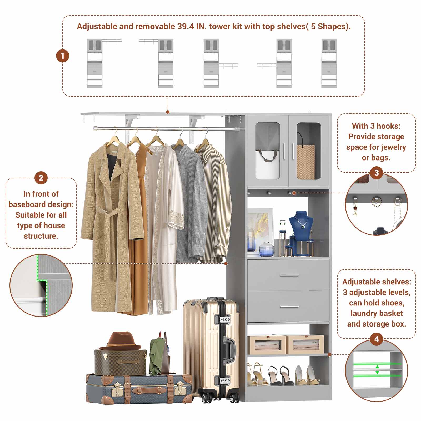 80" Tall x 60" Wide Closet System with Doors, Wooden Drawers, Big Wing Shelf and Hanging Rod