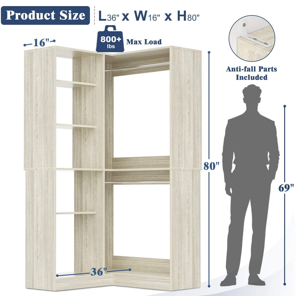 36'' Corner Closet System with 7 Shelves & 2 Hanging Rods, Load 800+LBS