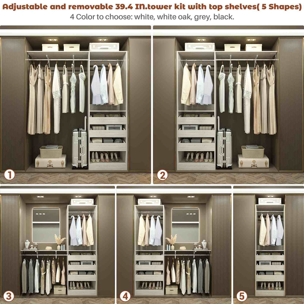 80" Tall x 60" Wide Closet System with 3 Half-Open Wooden Drawers,  2 Hanging Rods and Big Wing Shelf