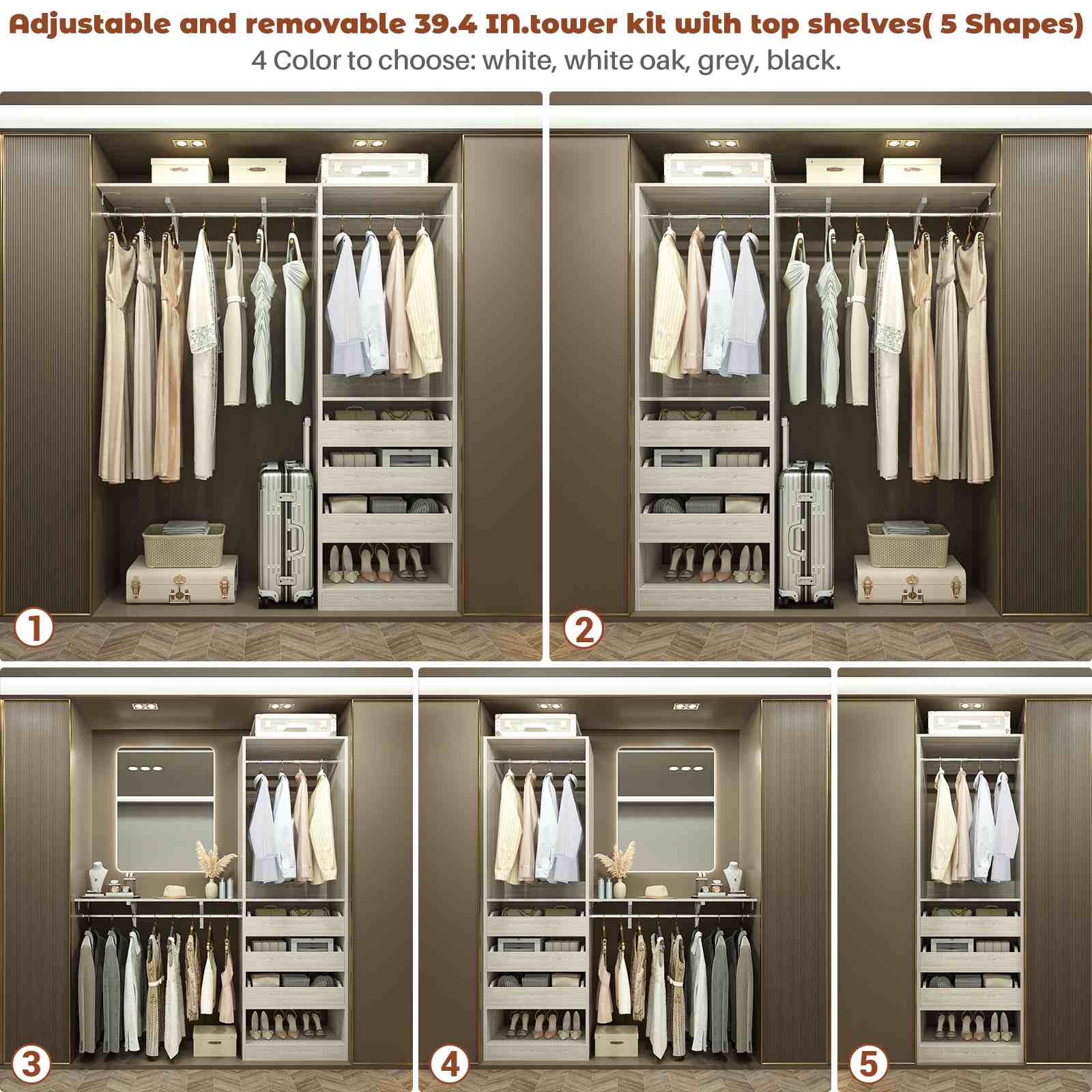 80" Tall x 60" Wide Closet System with 3 Half-Open Wooden Drawers,  2 Hanging Rods and Big Wing Shelf