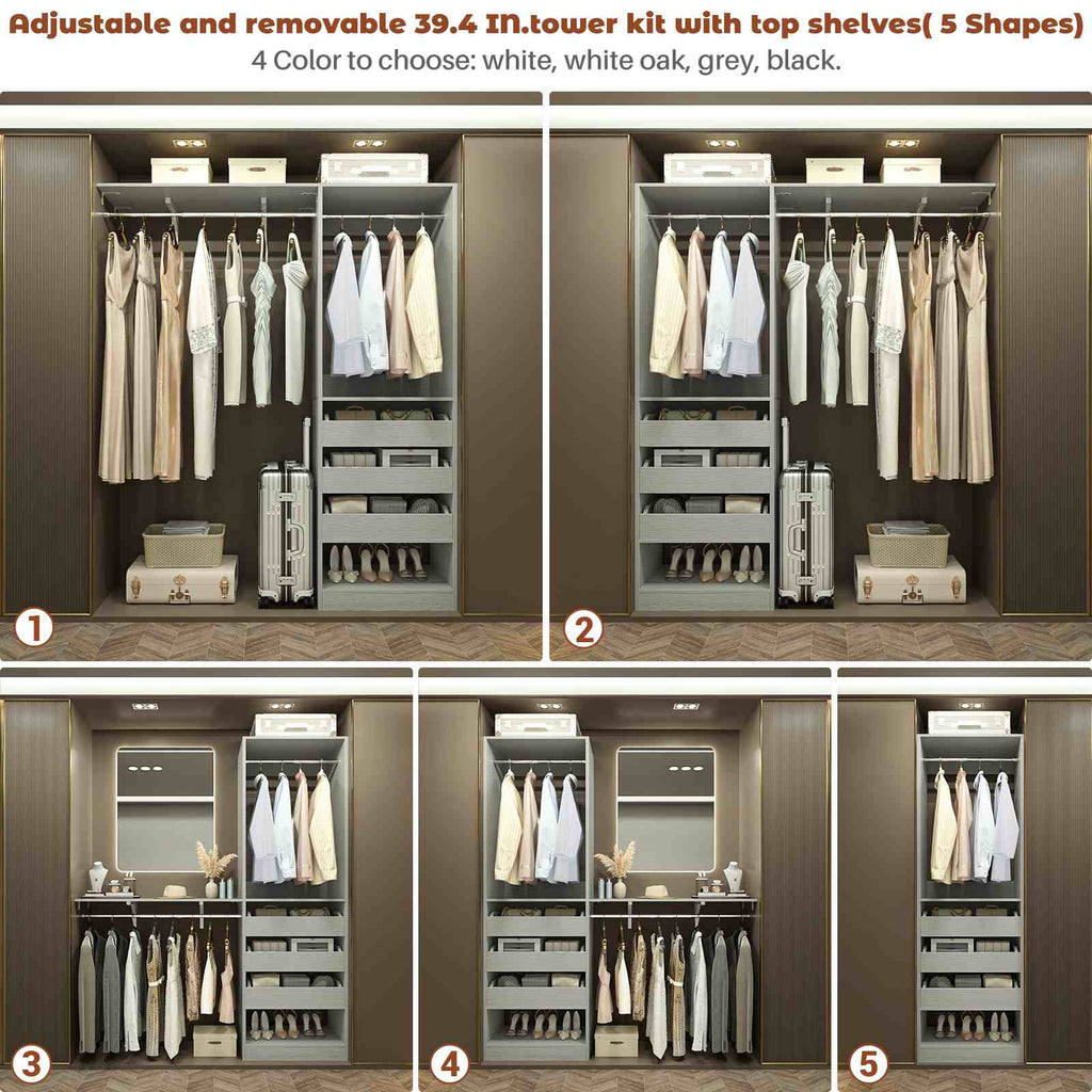 80" Tall x 60" Wide Closet System with 3 Half-Open Wooden Drawers,  2 Hanging Rods and Big Wing Shelf