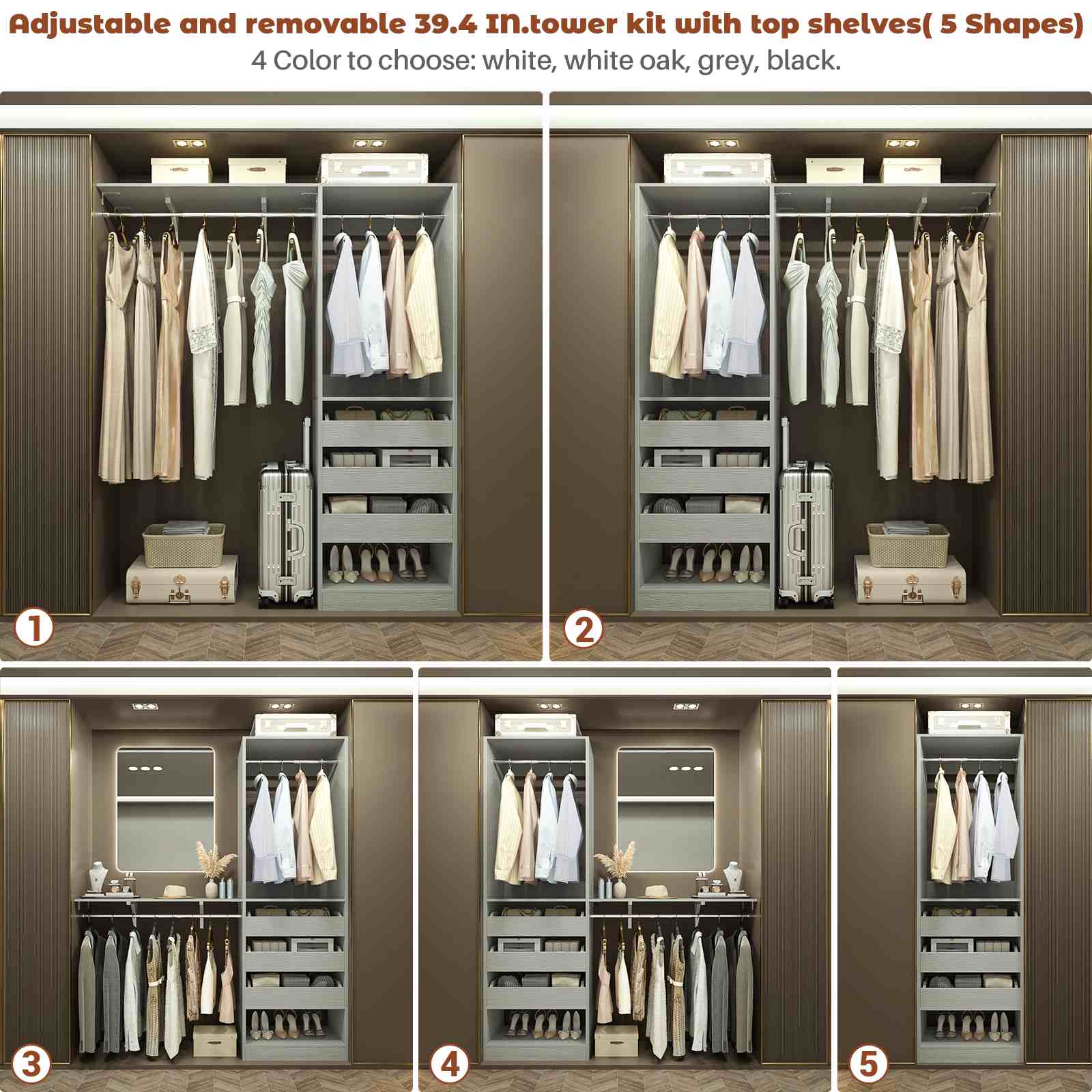 80" Tall x 60" Wide Closet System with 3 Half-Open Wooden Drawers,  2 Hanging Rods and Big Wing Shelf