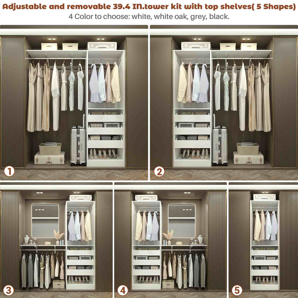 80" Tall x 60" Wide Closet System with 3 Half-Open Wooden Drawers,  2 Hanging Rods and Big Wing Shelf