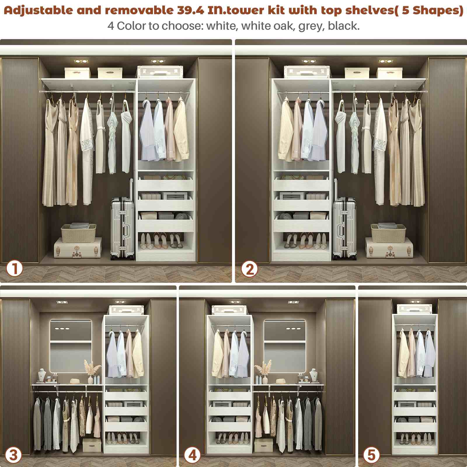 80" Tall x 60" Wide Closet System with 3 Half-Open Wooden Drawers,  2 Hanging Rods and Big Wing Shelf