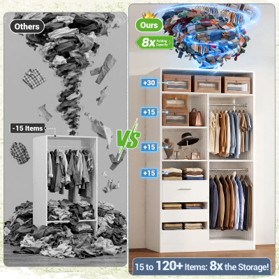 3FT Closet System with 6 Shelves, 2 Hanging Rod, Closed & 2 Half-Open Drawers