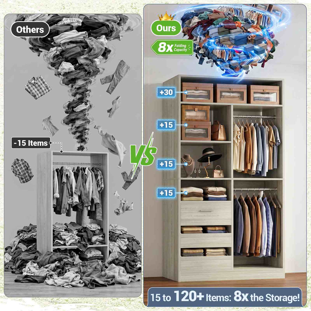 3FT Closet System with 6 Shelves, 2 Hanging Rod, Closed & 2 Half-Open Drawers