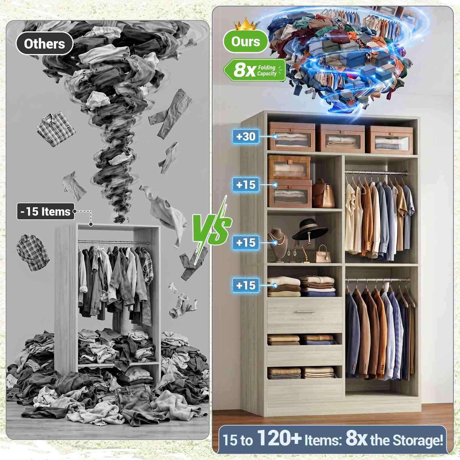 3FT Closet System with 6 Shelves, 2 Hanging Rod, Closed & 2 Half-Open Drawers