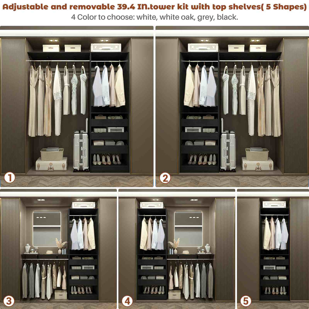 80" Tall x 60" Wide Closet System with 3 Half-Open Wooden Drawers,  2 Hanging Rods and Big Wing Shelf