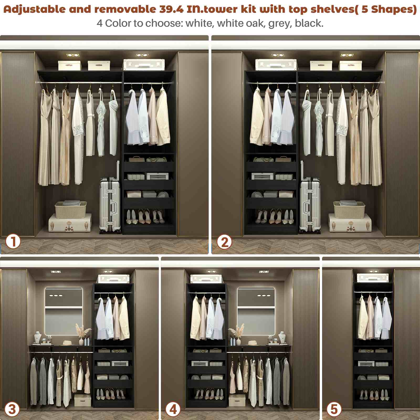 80" Tall x 60" Wide Closet System with 3 Half-Open Wooden Drawers,  2 Hanging Rods and Big Wing Shelf