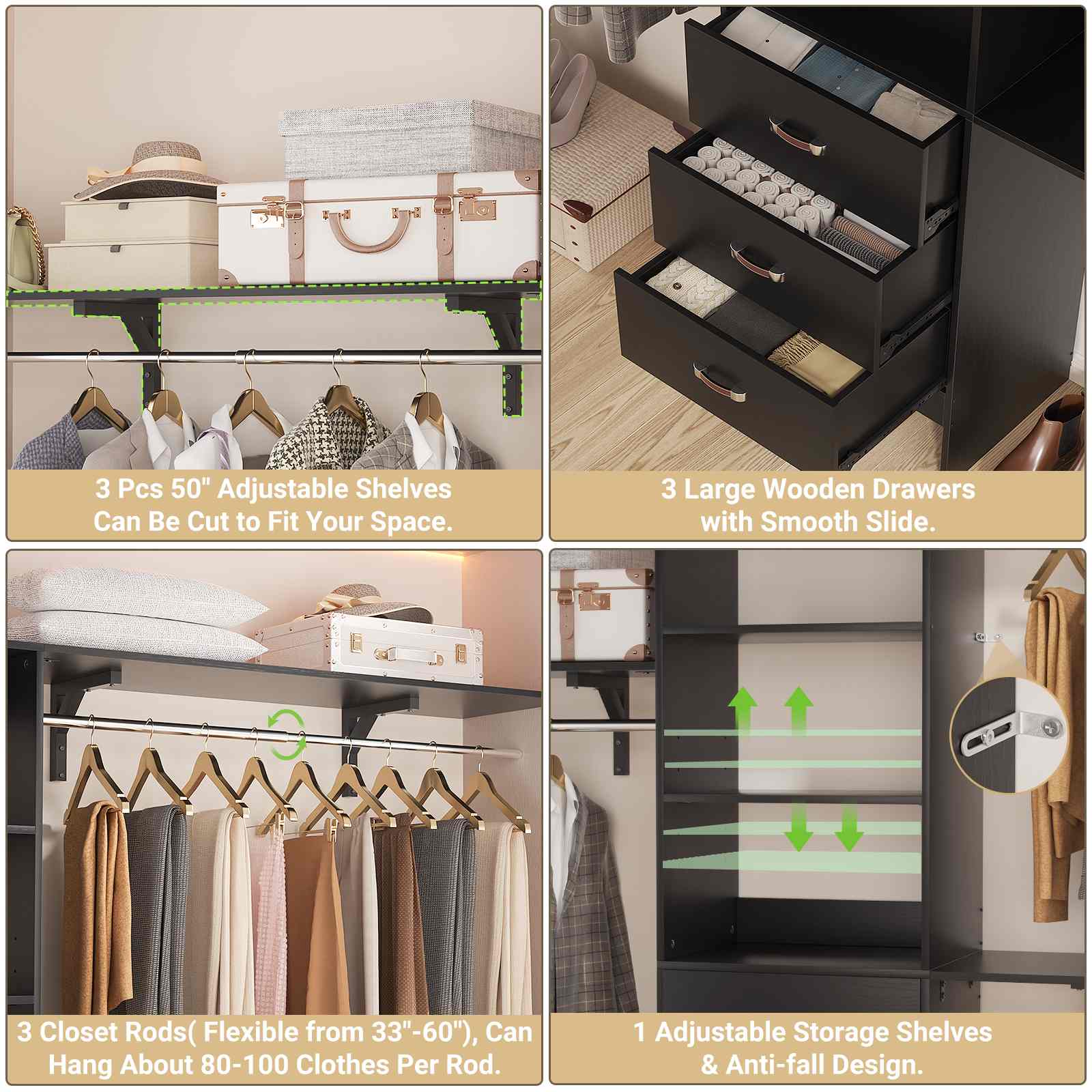 10FT Heavy Duty Closet System with 3 Wooden Drawers, 3 Shelving Towers and Expandable Rods