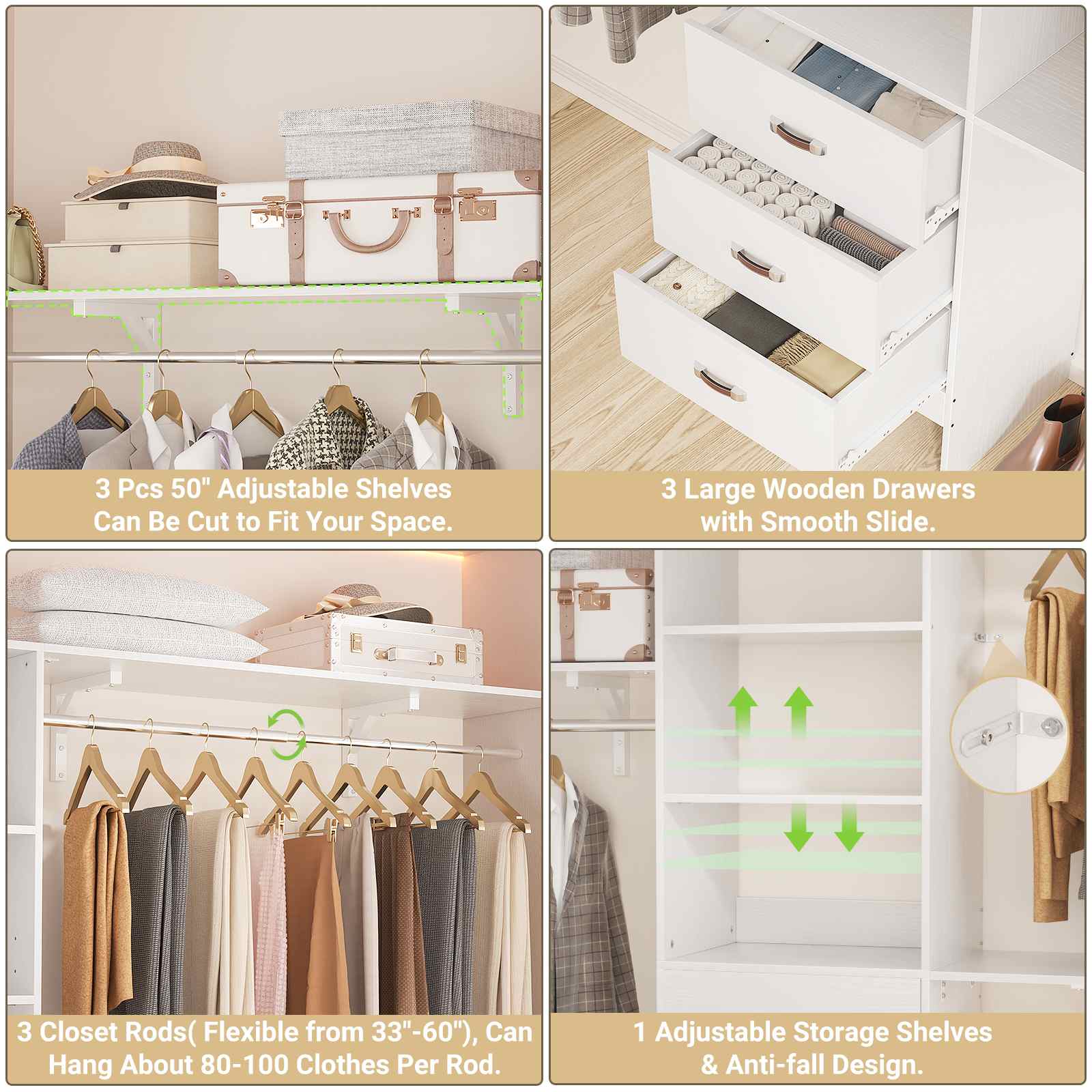 10FT Heavy Duty Closet System with 3 Wooden Drawers, 3 Shelving Towers and Expandable Rods