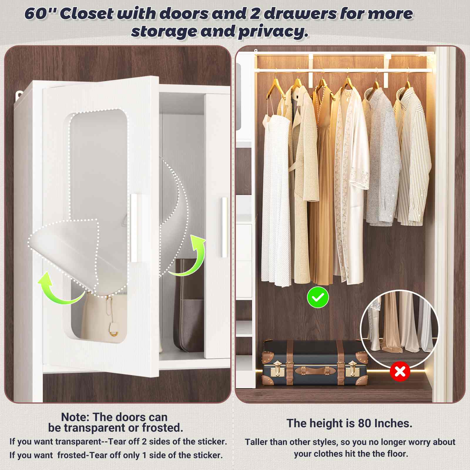 80" Tall x 60" Wide Closet System with Doors, Wooden Drawers, Big Wing Shelf and Hanging Rod