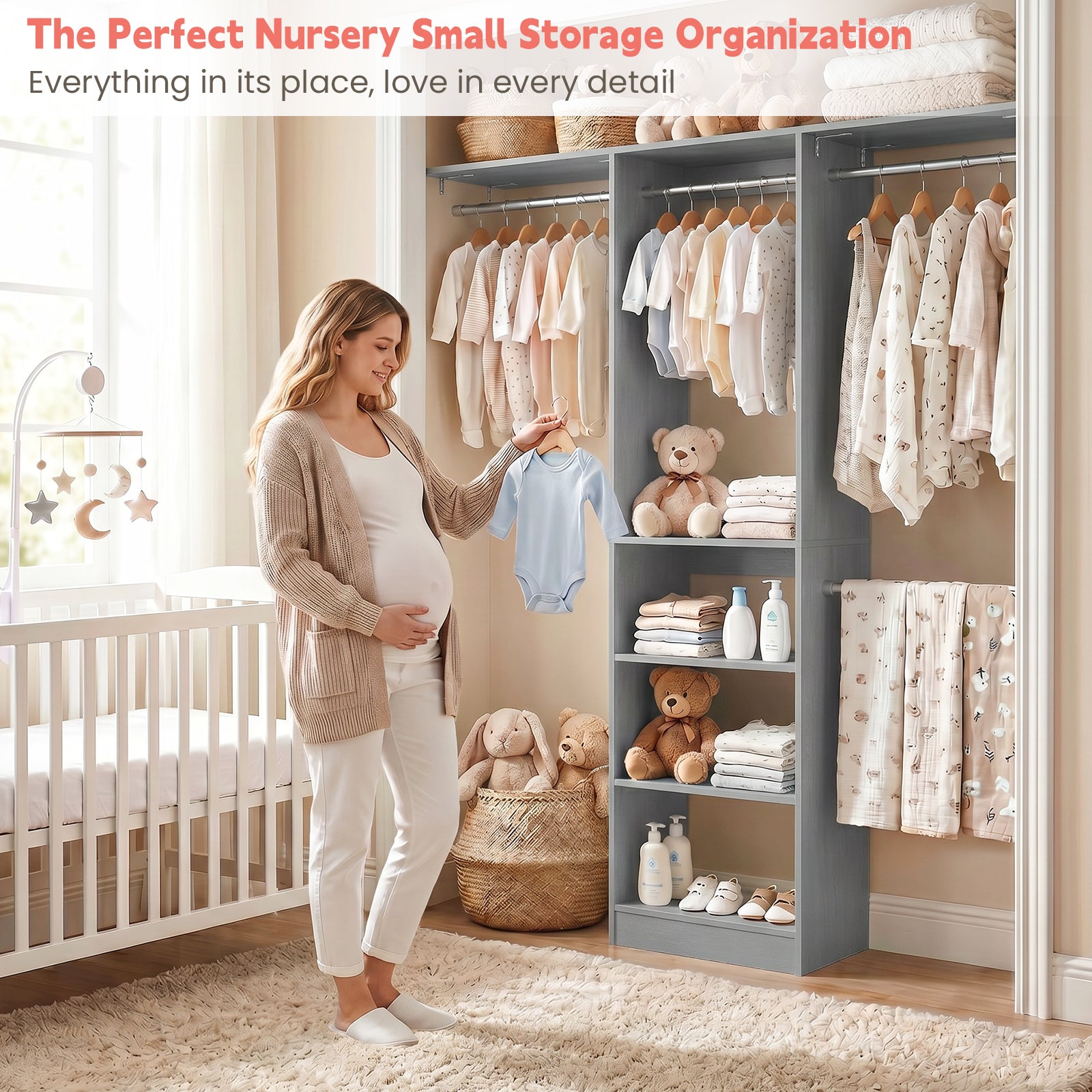 48" Small Closet System, Space-Saving Wall-Mounted Wardrobe Organizer, with 3 Adjustable Hanging Rods & 4 Shelves