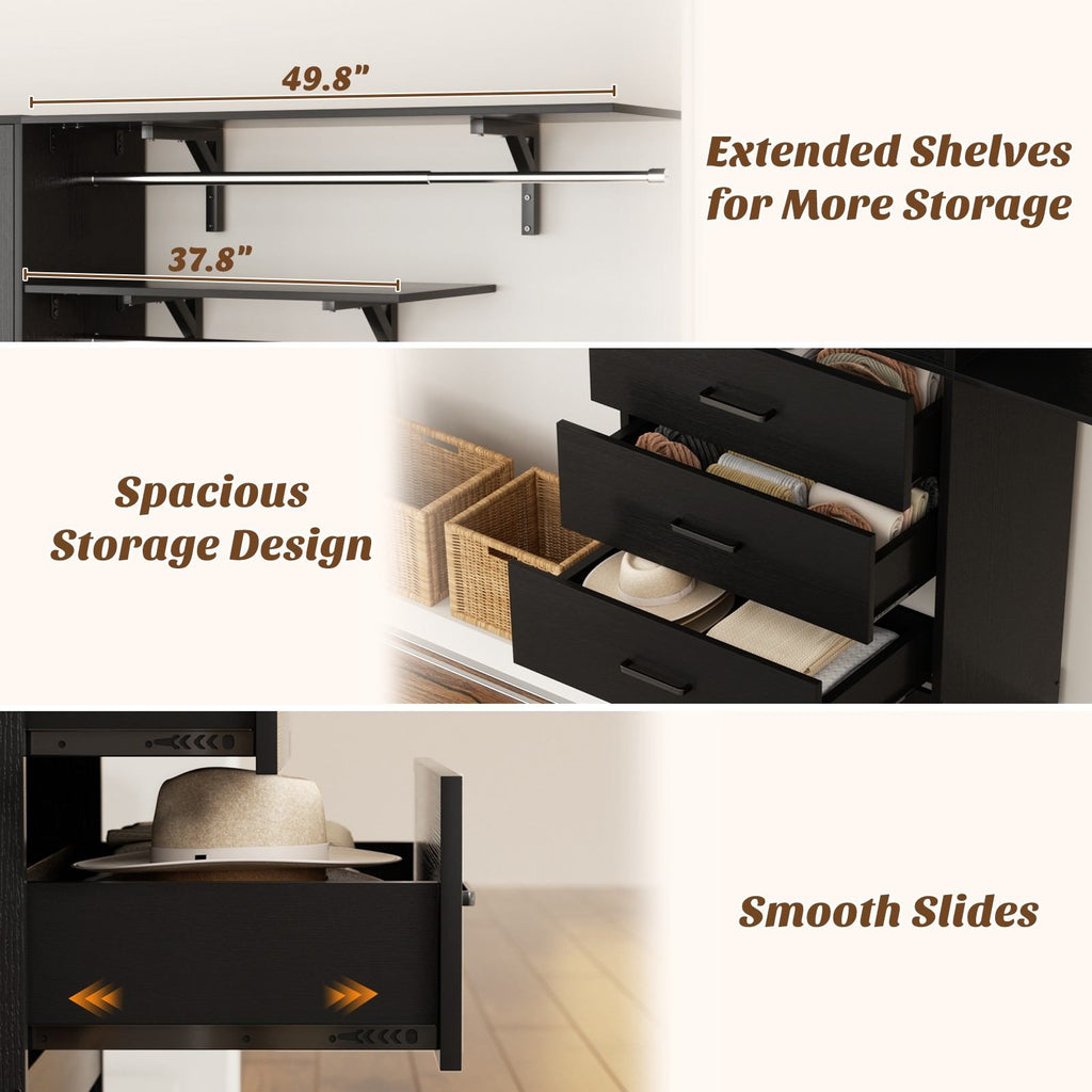 120" Heavy Duty Closet System with Cabinet Doors and 3 Wooden Drawers