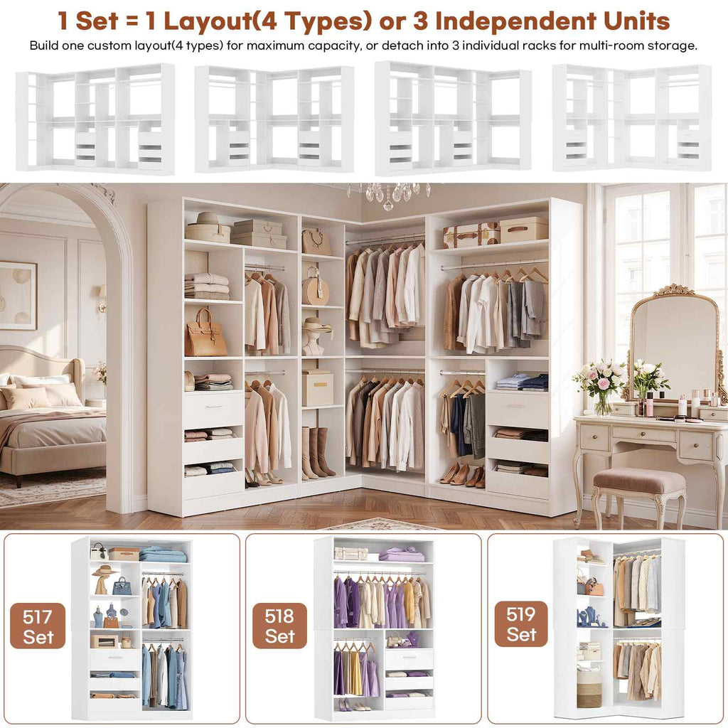 108" L-Shaped Closet System with 6 Drawers, 9FT Corner Closet System with 6 Hanging Rods & Corner Tower