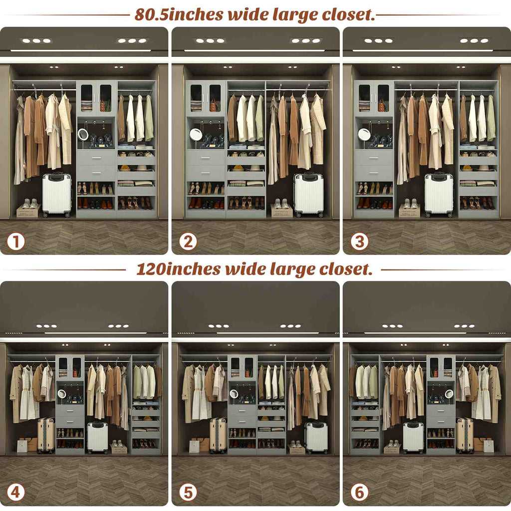 40''-120" Closet System Set 2 with 3 Half-Open Drawers, Shelving Towers, Hanging Rods and 2 Big Wing Shelves
