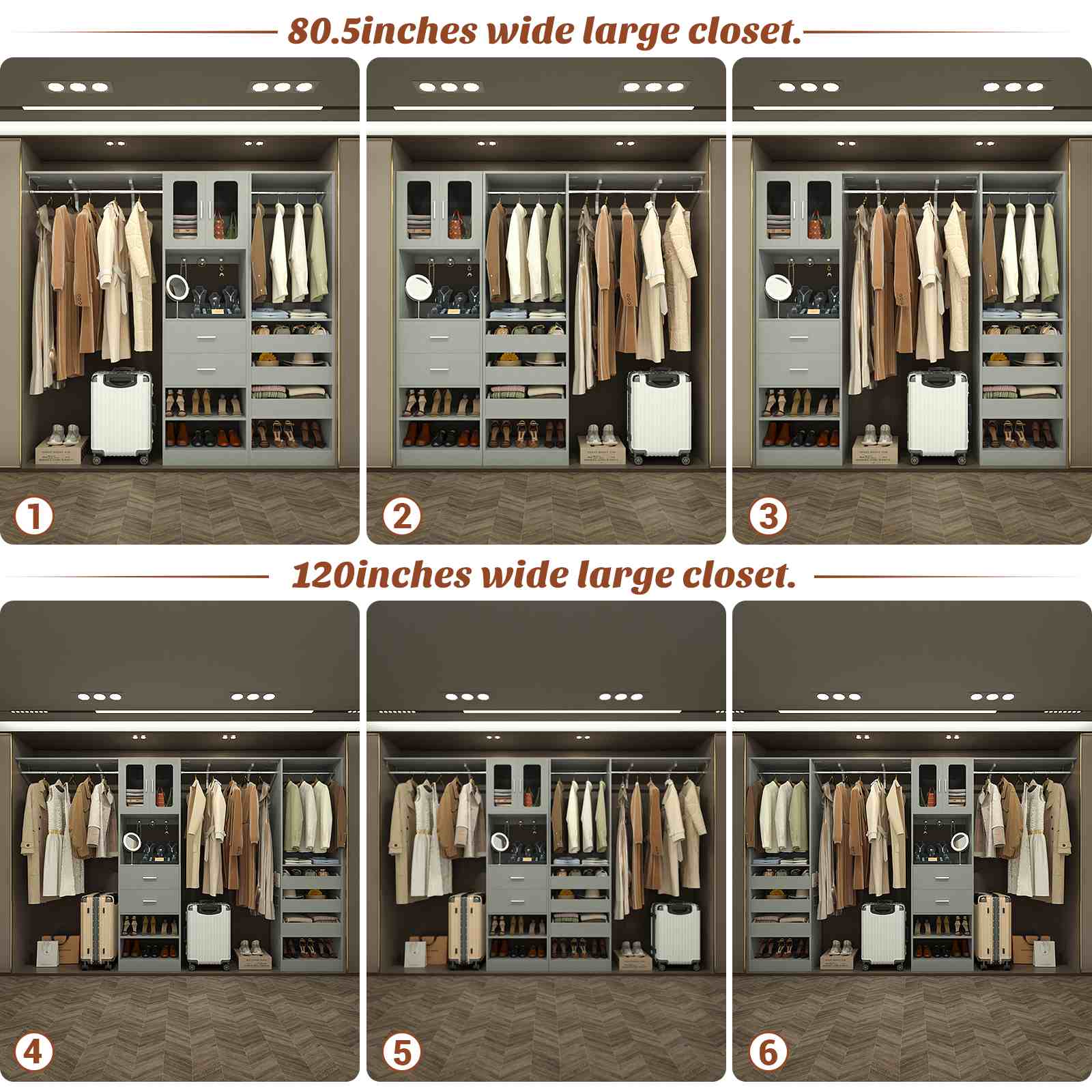 40''-120" Closet System Set 2 with 3 Half-Open Drawers, Shelving Towers, Hanging Rods and 2 Big Wing Shelves
