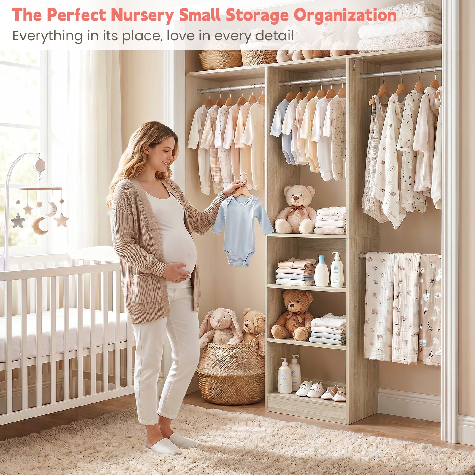 48" Small Closet System, Space-Saving Wall-Mounted Wardrobe Organizer, with 3 Adjustable Hanging Rods & 4 Shelves