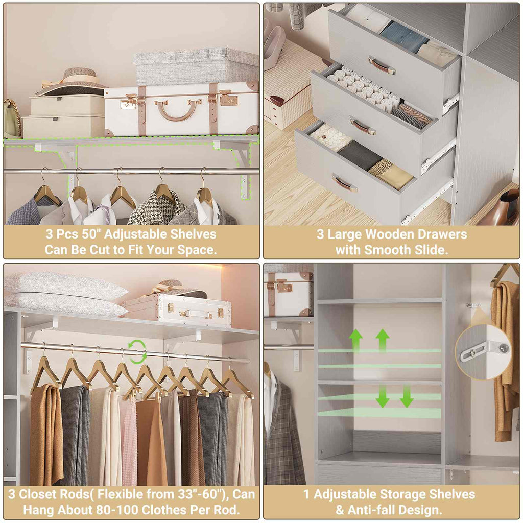 10FT Heavy Duty Closet System with 3 Wooden Drawers, 3 Shelving Towers and Expandable Rods