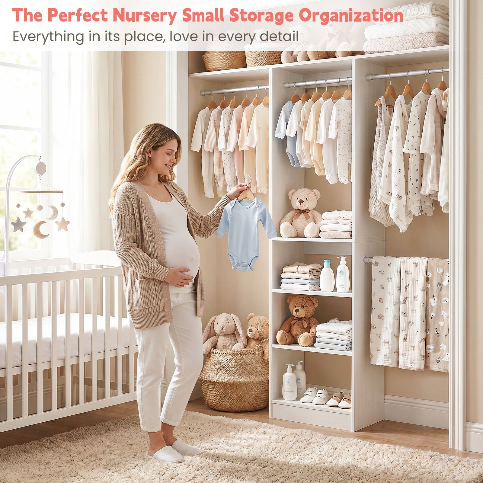 48" Small Closet System, Space-Saving Wall-Mounted Wardrobe Organizer, with 3 Adjustable Hanging Rods & 4 Shelves