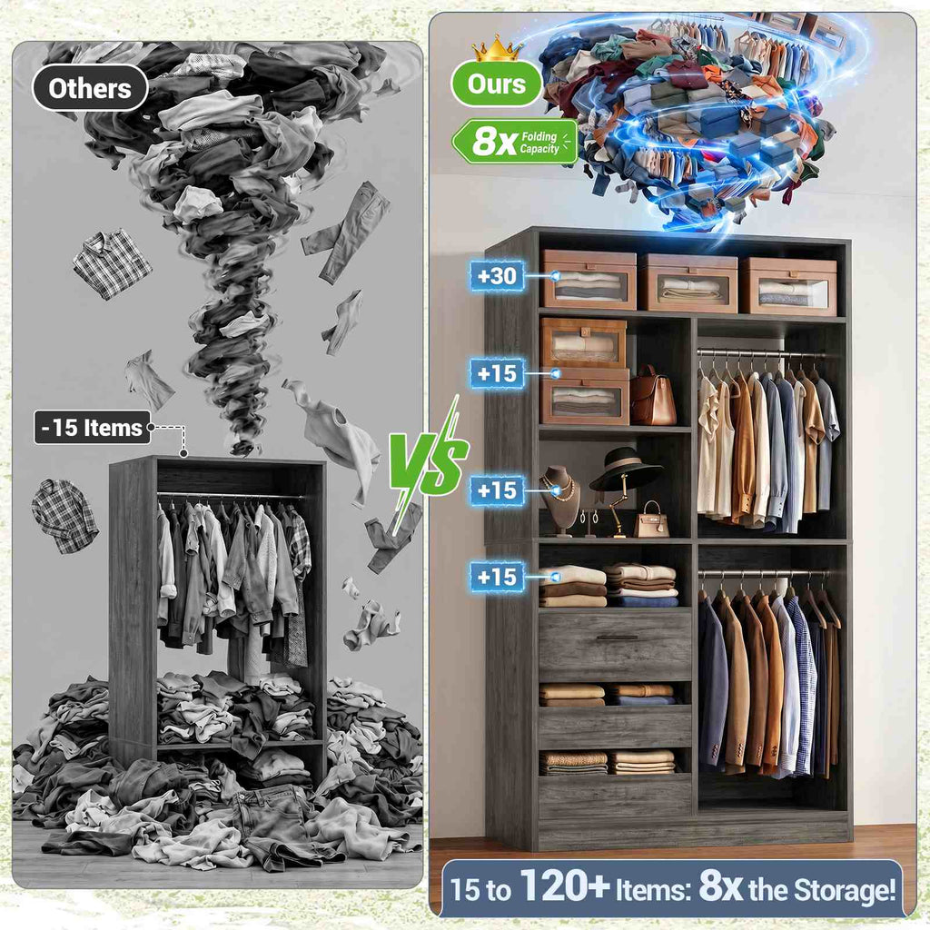 3FT Closet System with 6 Shelves, 2 Hanging Rod, Closed & 2 Half-Open Drawers