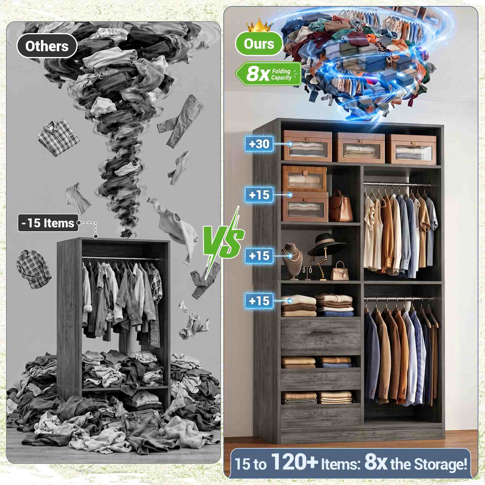 3FT Closet System with 6 Shelves, 2 Hanging Rod, Closed & 2 Half-Open Drawers