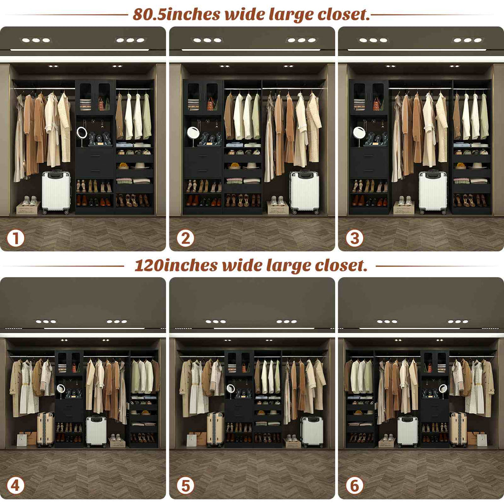40''-120" Closet System Set 2 with 3 Half-Open Drawers, Shelving Towers, Hanging Rods and 2 Big Wing Shelves