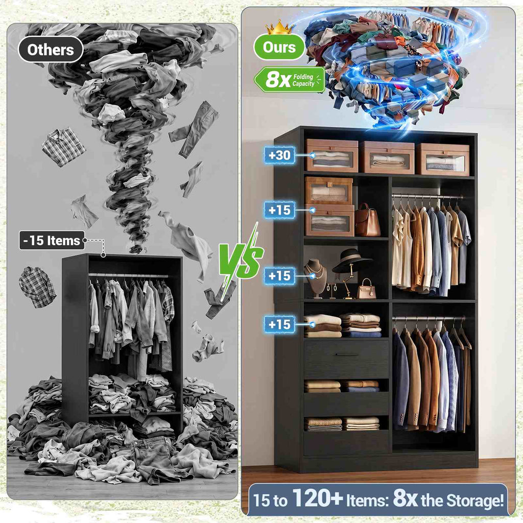 3FT Closet System with 6 Shelves, 2 Hanging Rod, Closed & 2 Half-Open Drawers