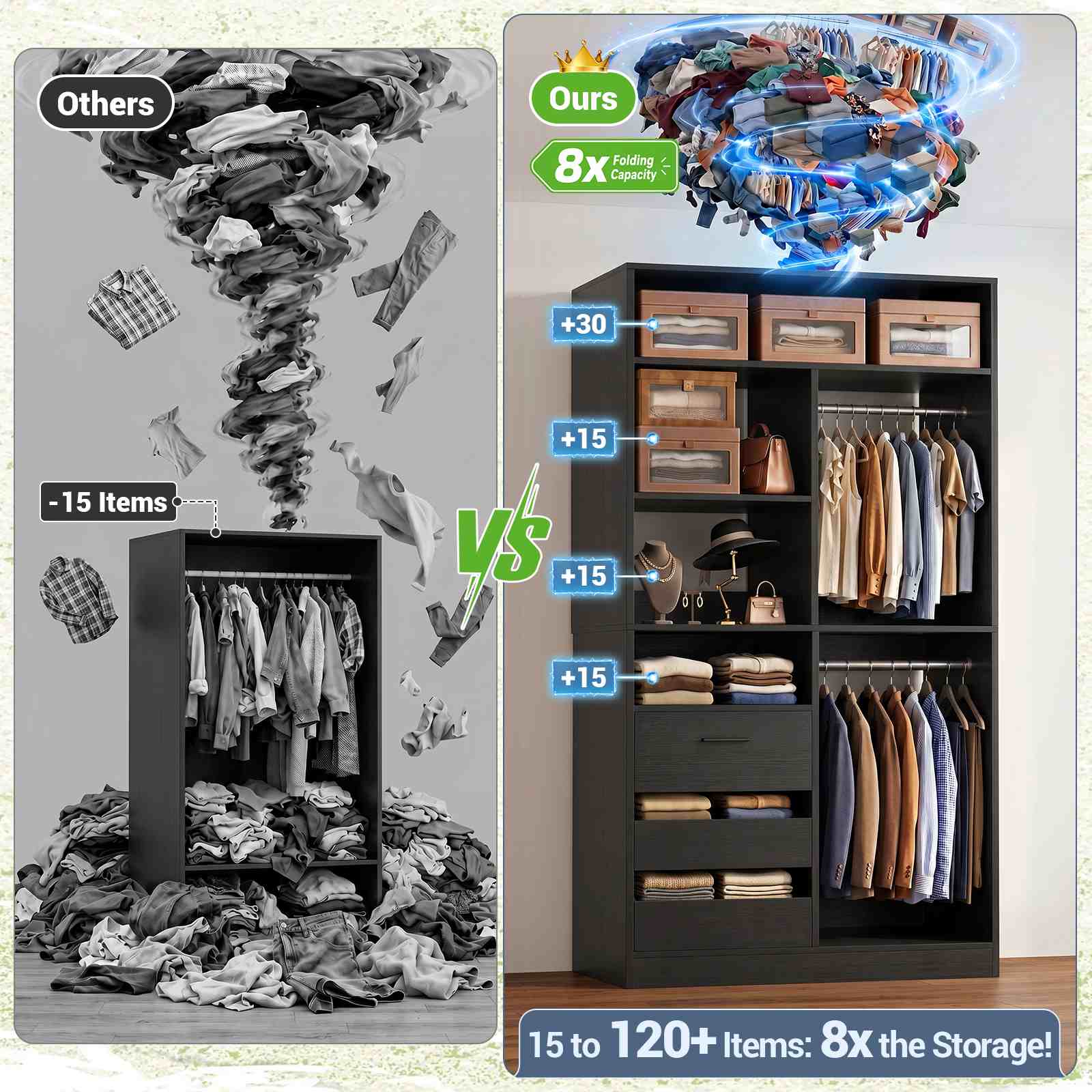 3FT Closet System with 6 Shelves, 2 Hanging Rod, Closed & 2 Half-Open Drawers