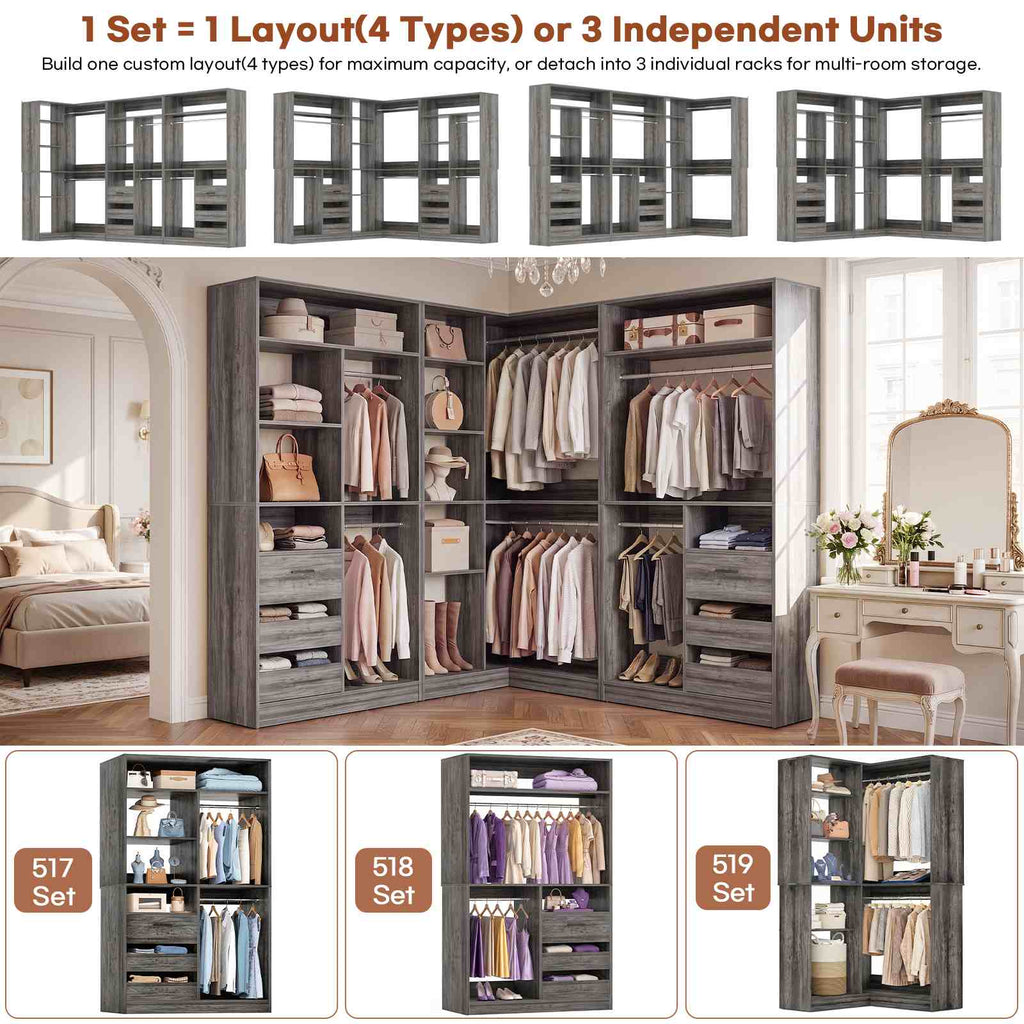 108" L-Shaped Closet System with 6 Drawers, 9FT Corner Closet System with 6 Hanging Rods & Corner Tower