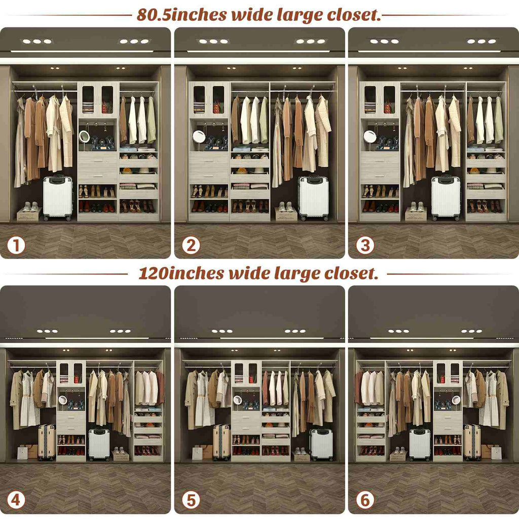 40''-120" Closet System Set 2 with 3 Half-Open Drawers, Shelving Towers, Hanging Rods and 2 Big Wing Shelves
