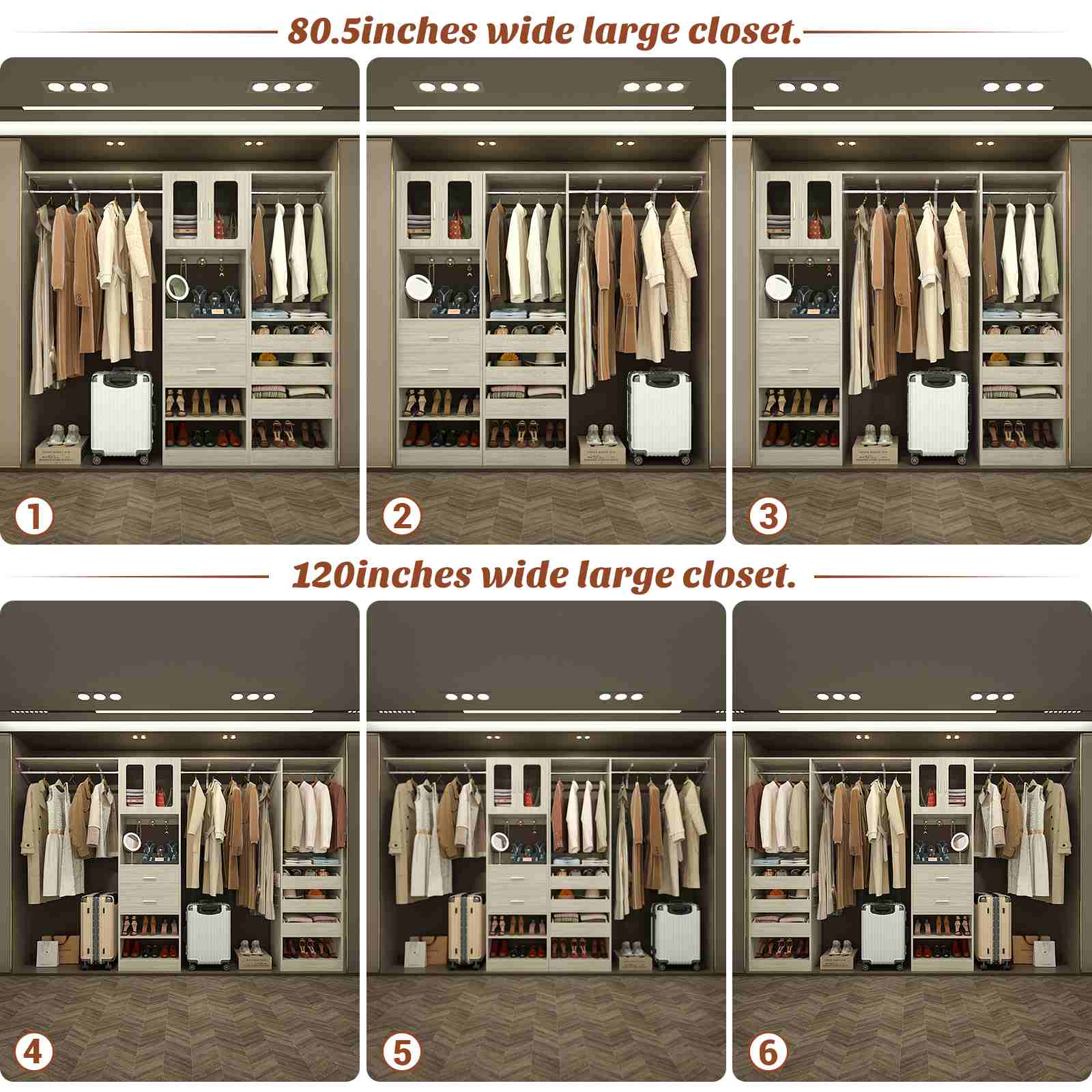 40''-120" Closet System Set 2 with 3 Half-Open Drawers, Shelving Towers, Hanging Rods and 2 Big Wing Shelves