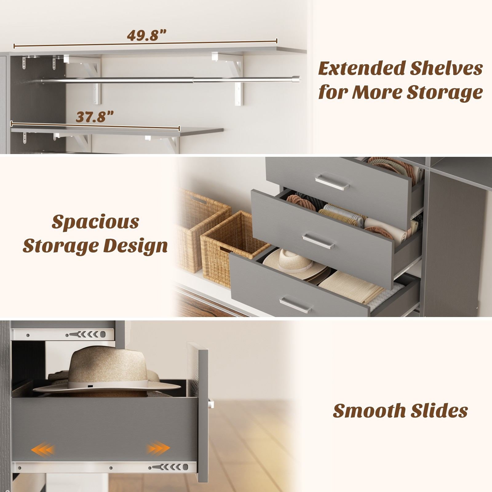 120" Heavy Duty Closet System with Cabinet Doors and 3 Wooden Drawers