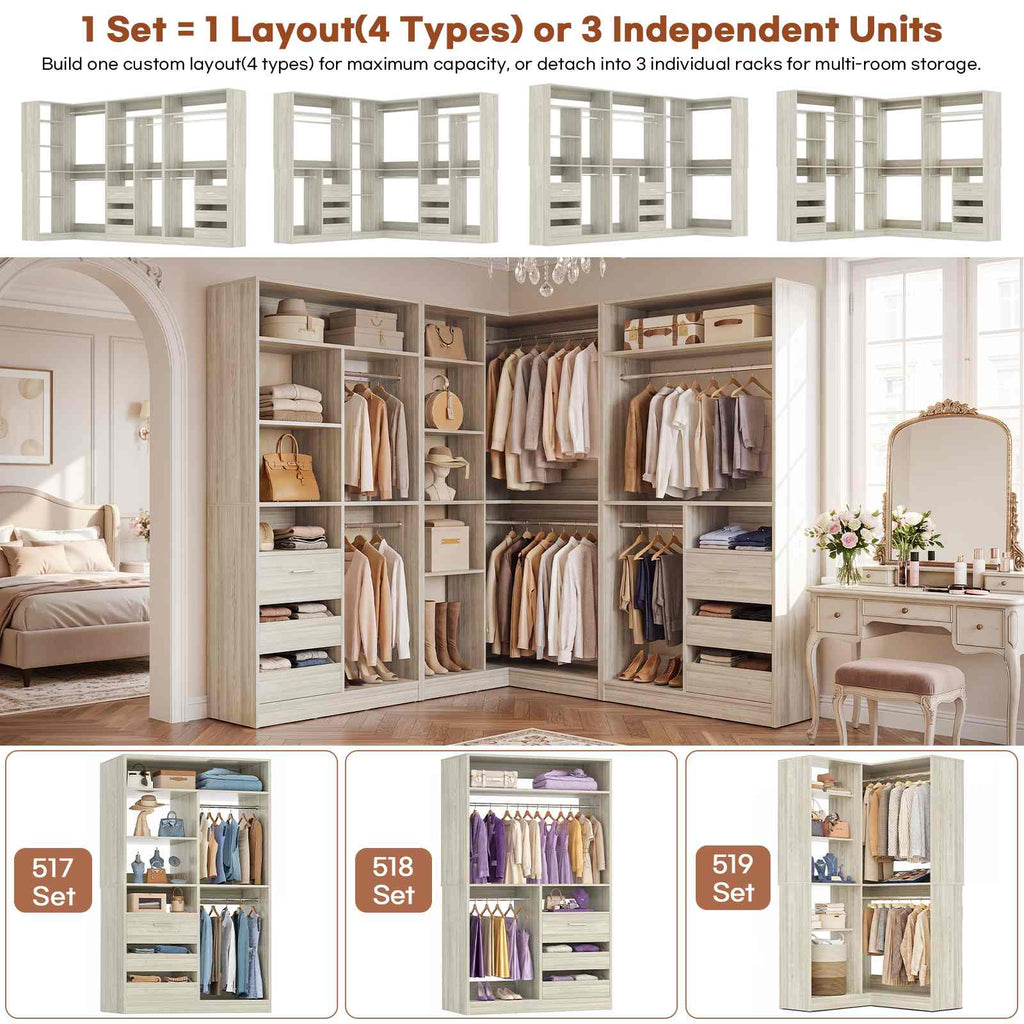 108" L-Shaped Closet System with 6 Drawers, 9FT Corner Closet System with 6 Hanging Rods & Corner Tower