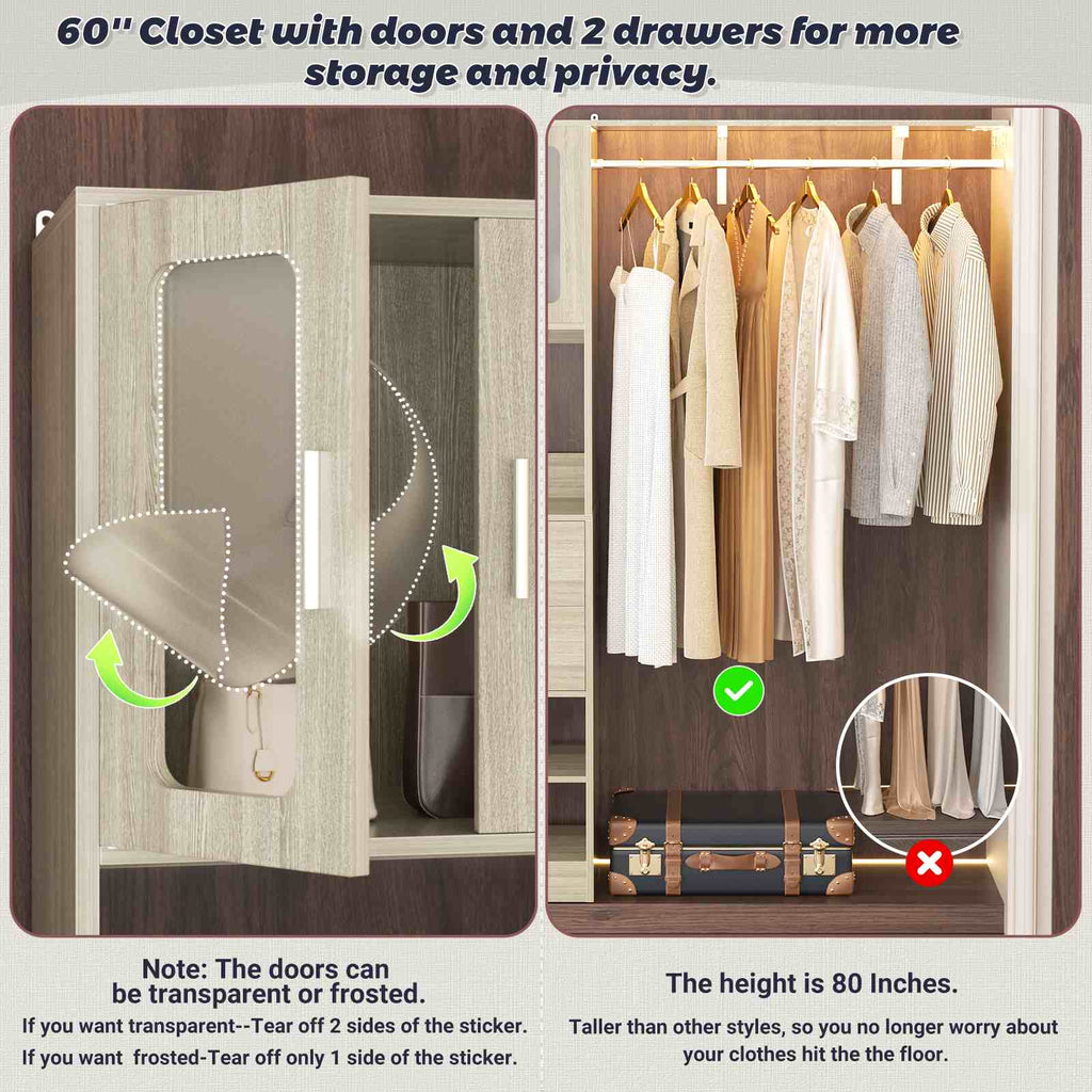 80" Tall x 60" Wide Closet System with Doors, Wooden Drawers, Big Wing Shelf and Hanging Rod