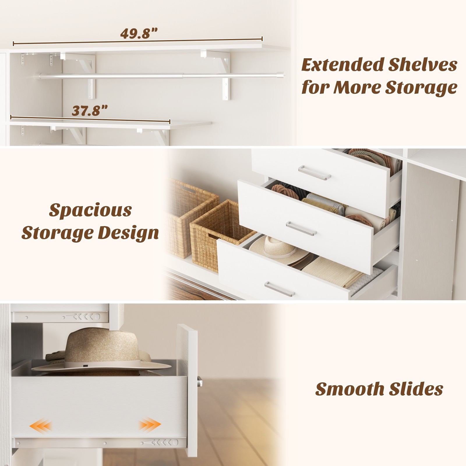 120" Heavy Duty Closet System with Cabinet Doors and 3 Wooden Drawers
