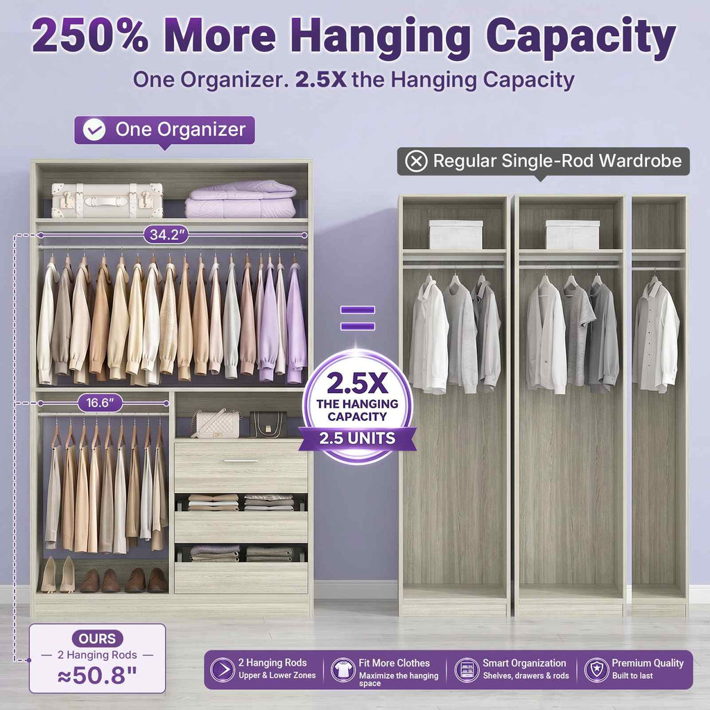 36'' Closet System with Long Hanging Rods, 4 Shelves, Wood Walk-in Closet with Closed & 2 Half-Open Drawers