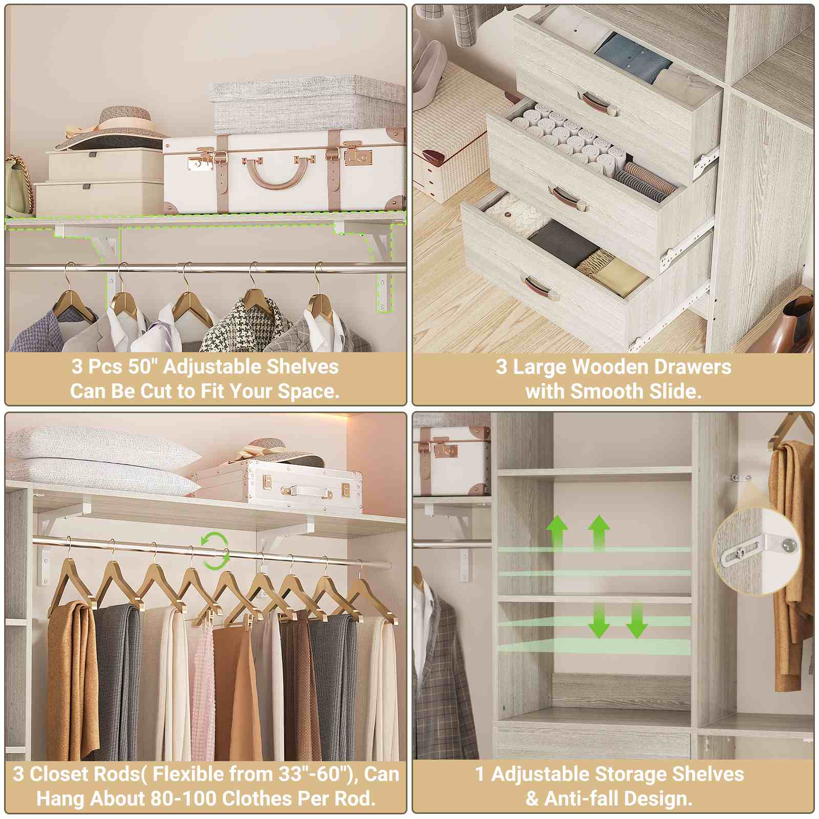 10FT Heavy Duty Closet System with 3 Wooden Drawers, 3 Shelving Towers and Expandable Rods