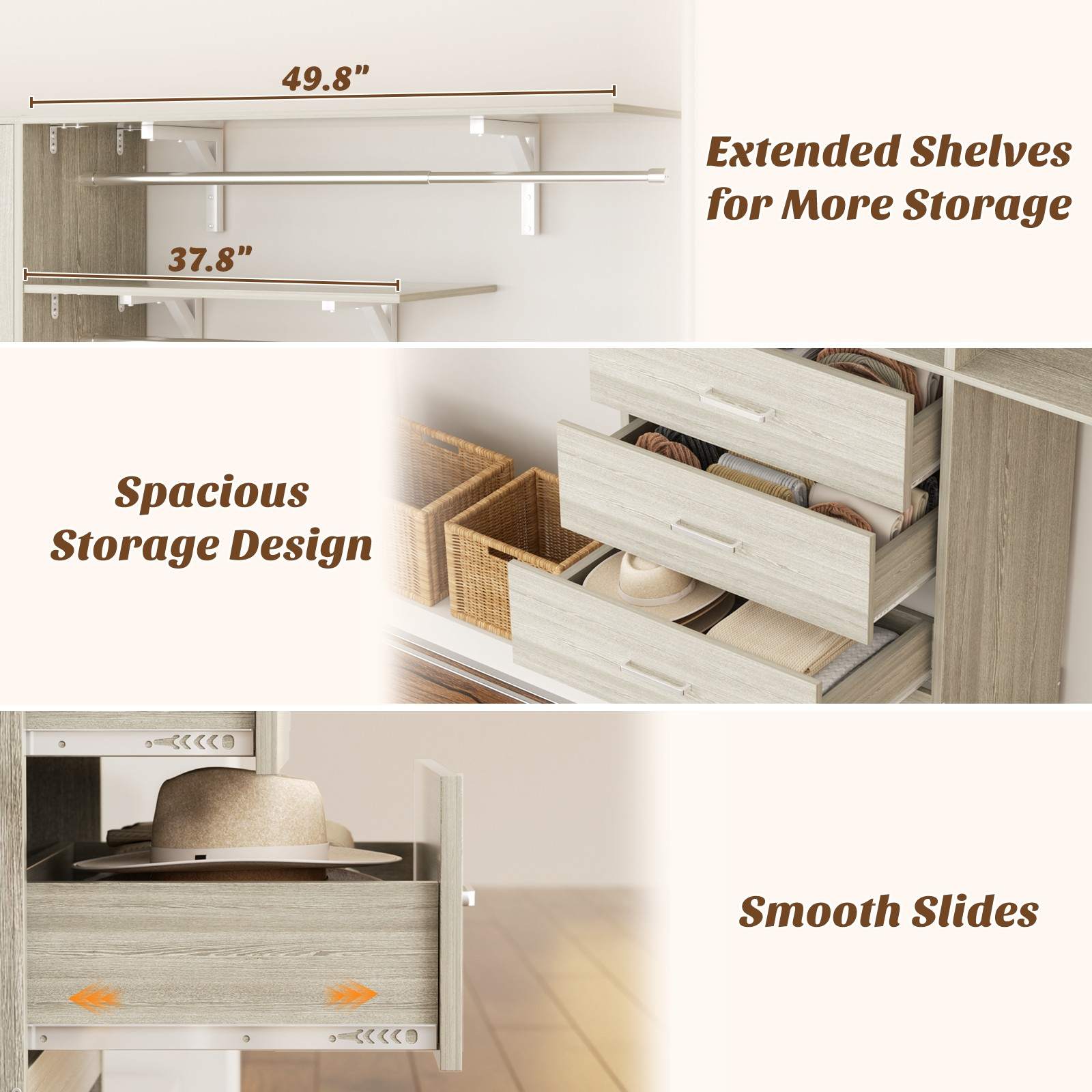120" Heavy Duty Closet System with Cabinet Doors and 3 Wooden Drawers