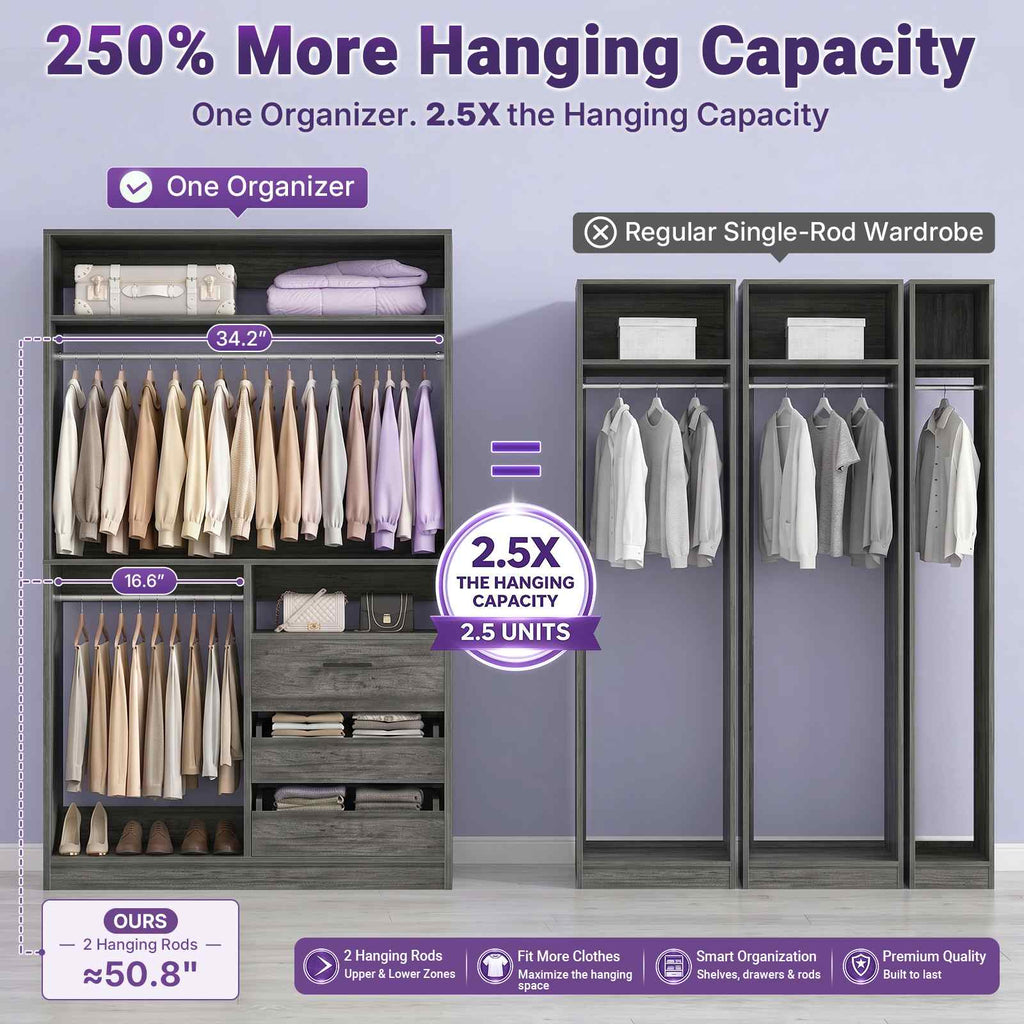 36'' Closet System with Long Hanging Rods, 4 Shelves, Wood Walk-in Closet with Closed & 2 Half-Open Drawers