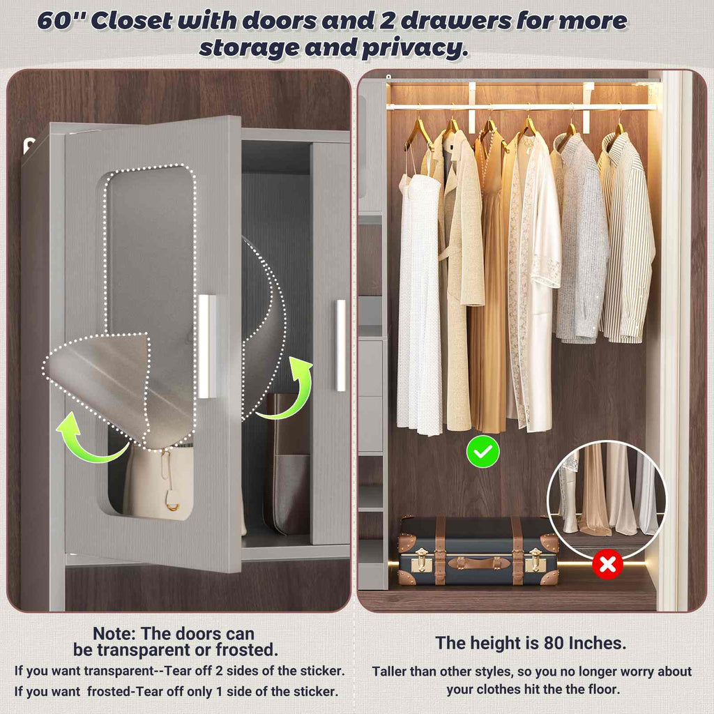 80" Tall x 60" Wide Closet System with Doors, Wooden Drawers, Big Wing Shelf and Hanging Rod
