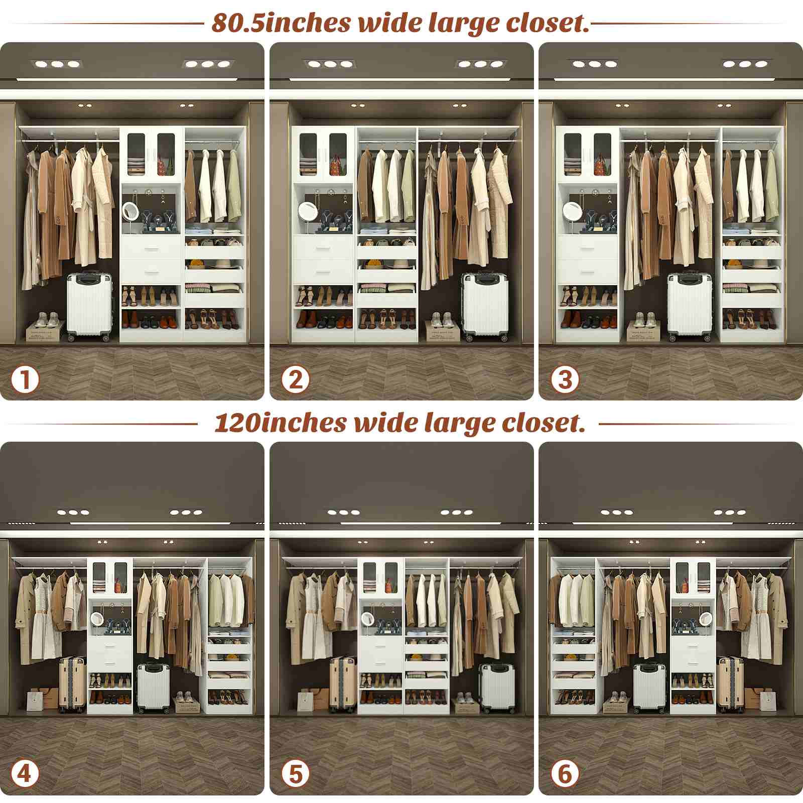 40''-120" Closet System Set 2 with 3 Half-Open Drawers, Shelving Towers, Hanging Rods and 2 Big Wing Shelves