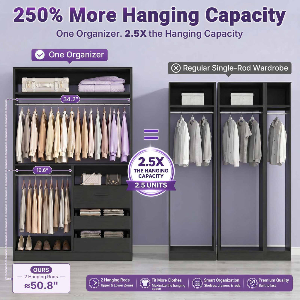 36'' Closet System with Long Hanging Rods, 4 Shelves, Wood Walk-in Closet with Closed & 2 Half-Open Drawers