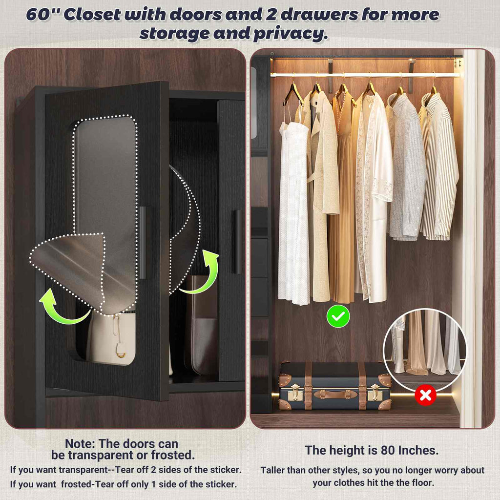 80" Tall x 60" Wide Closet System with Doors, Wooden Drawers, Big Wing Shelf and Hanging Rod