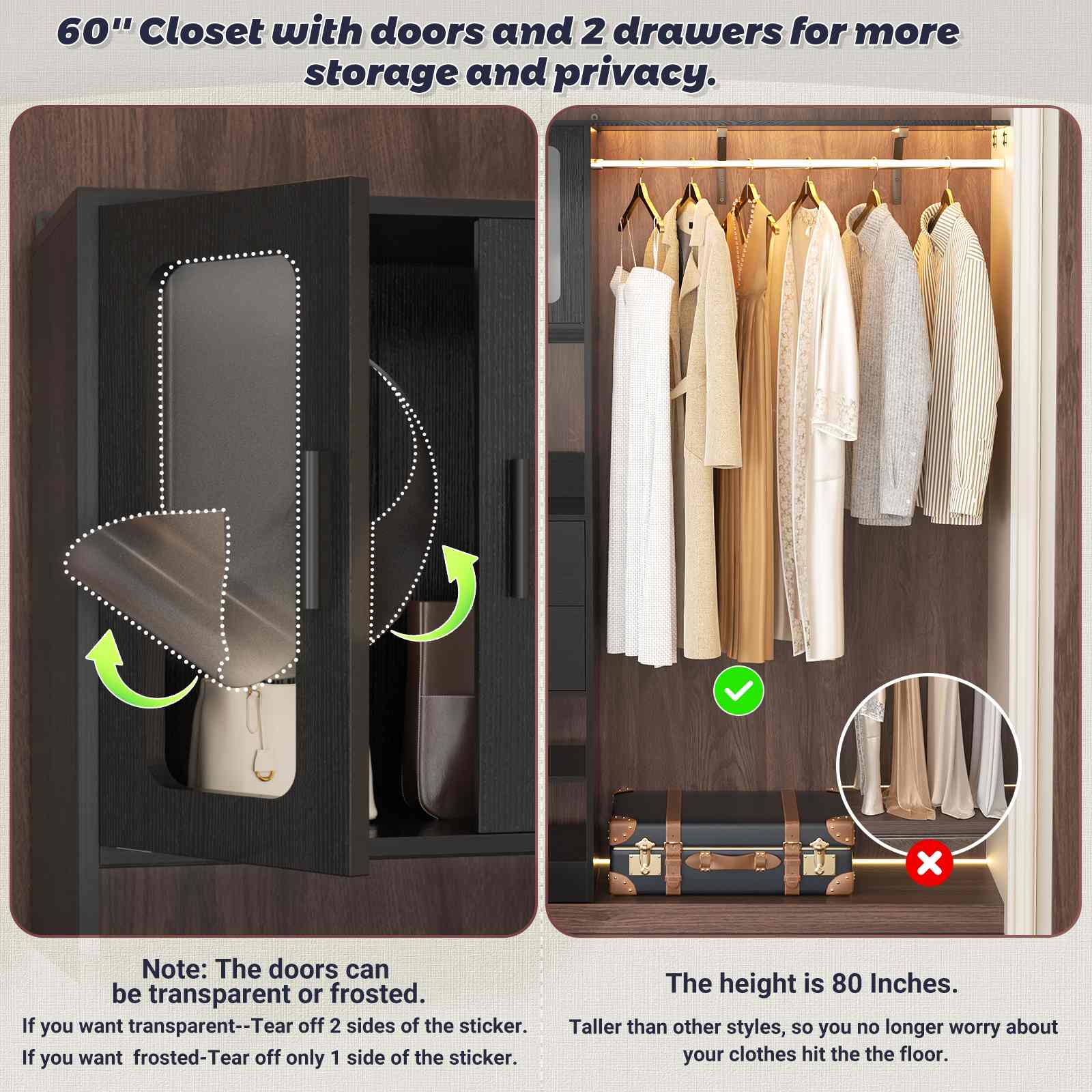 80" Tall x 60" Wide Closet System with Doors, Wooden Drawers, Big Wing Shelf and Hanging Rod