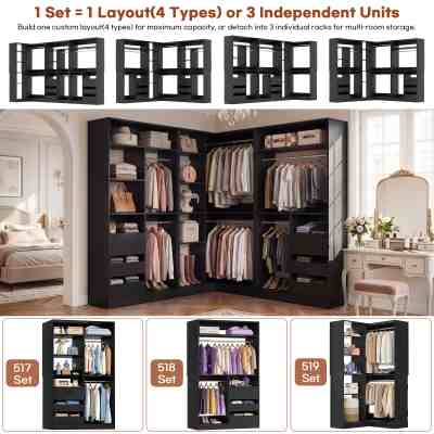 108" L-Shaped Closet System with 6 Drawers, 9FT Corner Closet System with 6 Hanging Rods & Corner Tower
