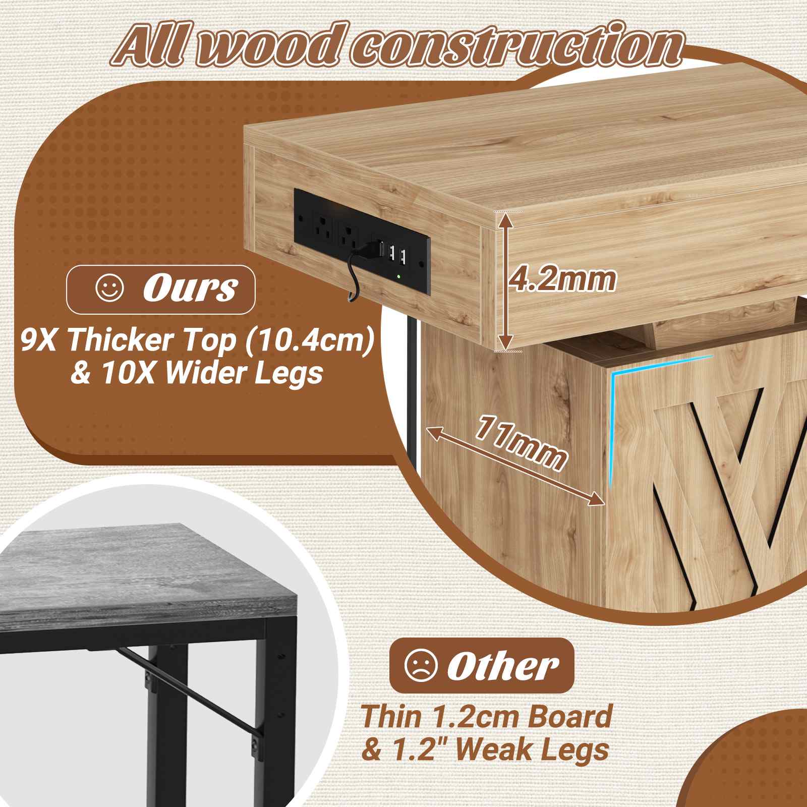 47.2'' Farmhouse Console Table with Charging Station and LED Lights