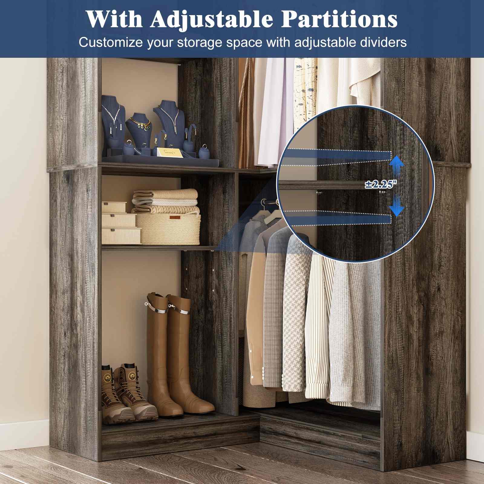 36'' Corner Closet System with 7 Shelves & 2 Hanging Rods, Load 800+LBS