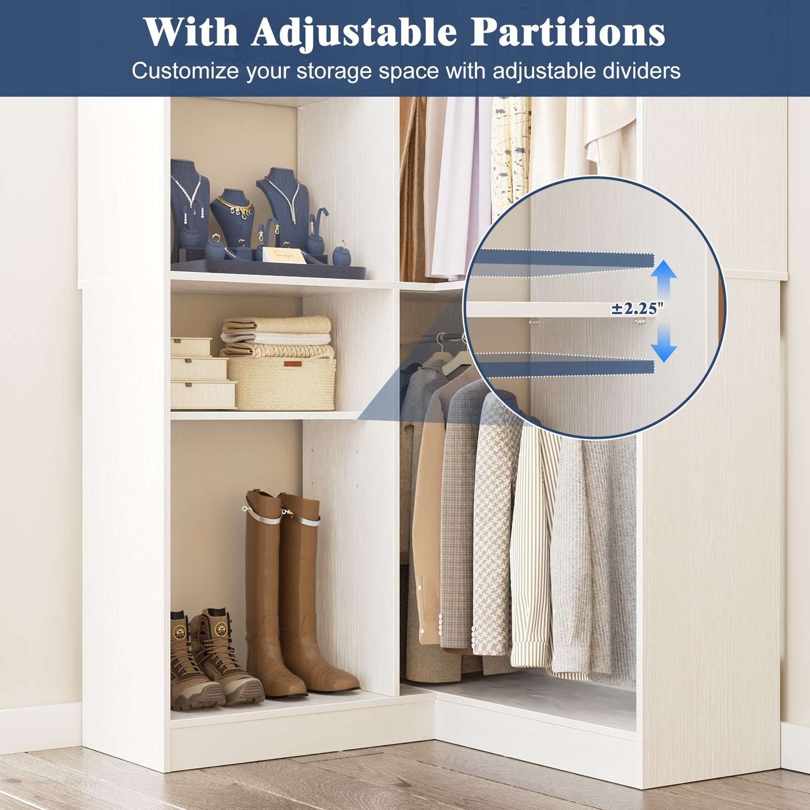 36'' Corner Closet System with 7 Shelves & 2 Hanging Rods, Load 800+LBS